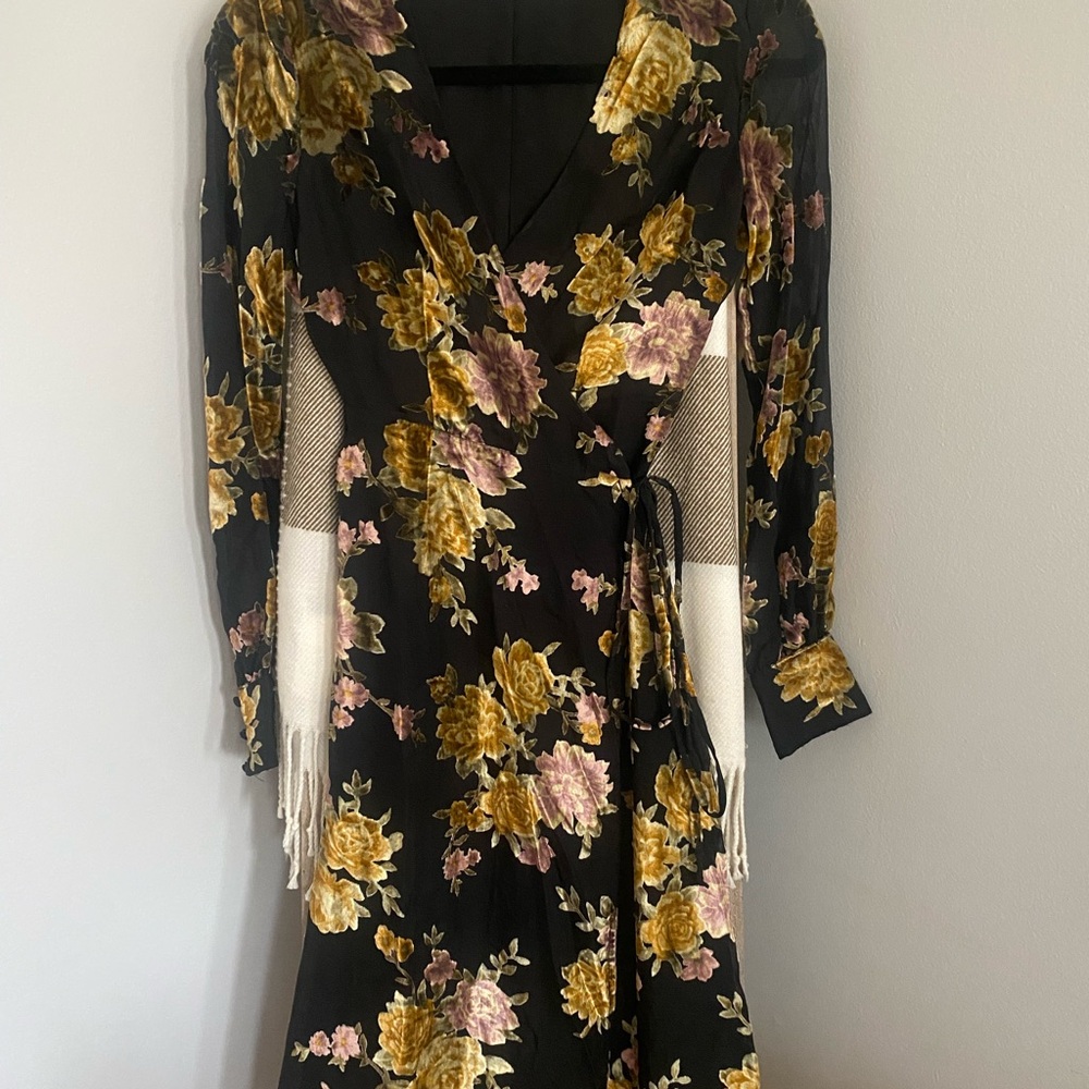 Floral Wrap Dress - Black and Yellow